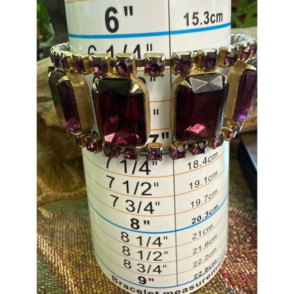 Vintage Purple Rhinestone Bracelet With Rectangular & Round Stones Gold-Tone - Picture 7 of 7